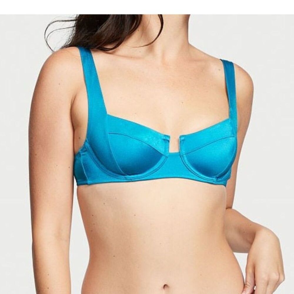 36C VICTORIA SECRET SWIM Lace-Up Back Strappy Bikini Top Bright Blue Teal Smooth